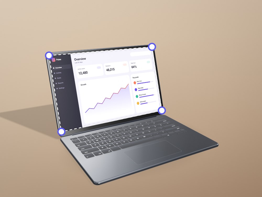 A photo of a laptop with four handles marking the corners of its screen